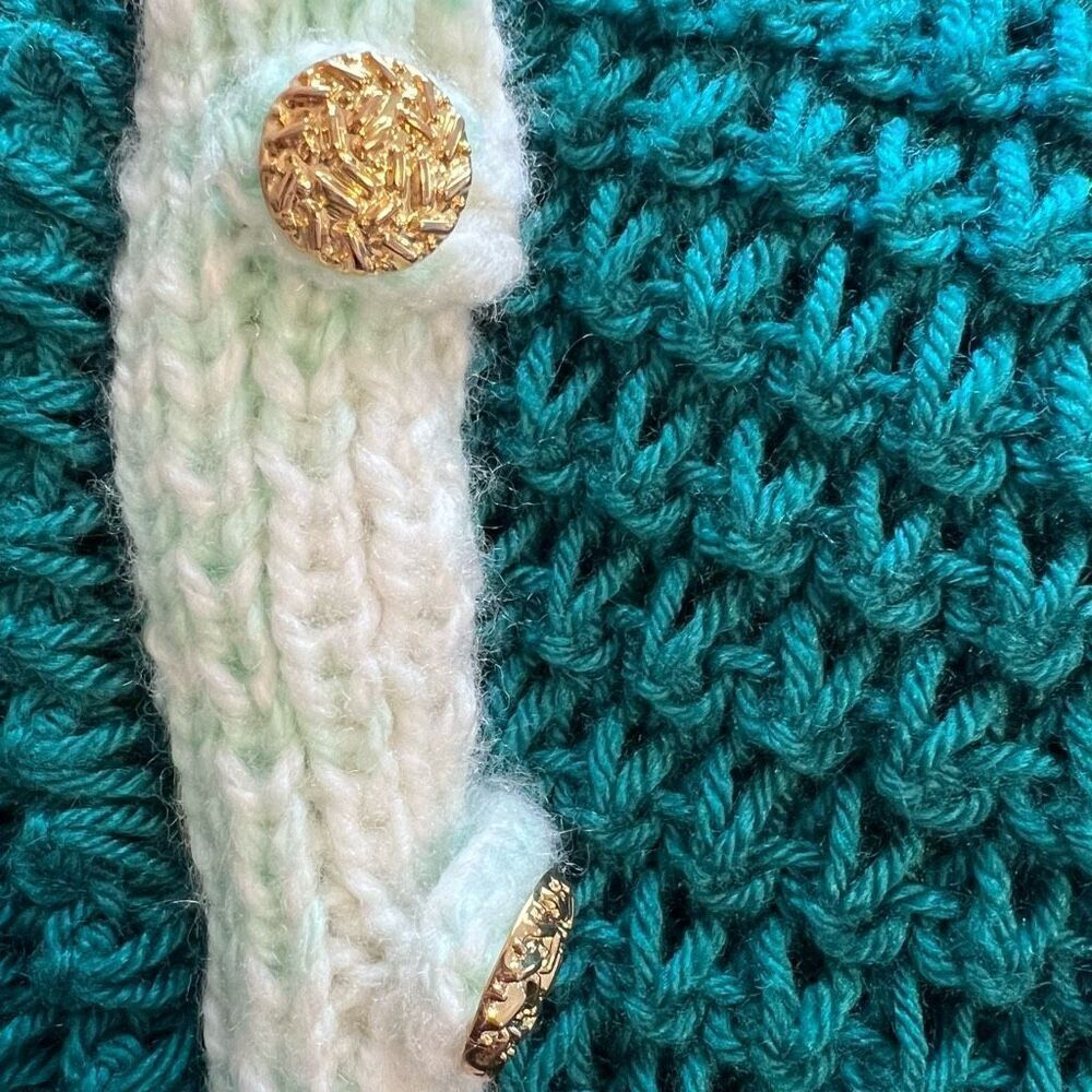 Handmade Stretch Chunky Knit Dropped Sleeve Top Teal White Size Small - Picture 8 of 11